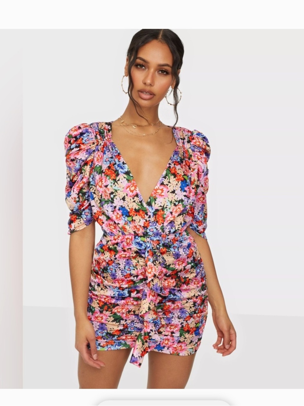 For Love And Lemons Multi-Color Floral Puff-Sleeve Mini Dress